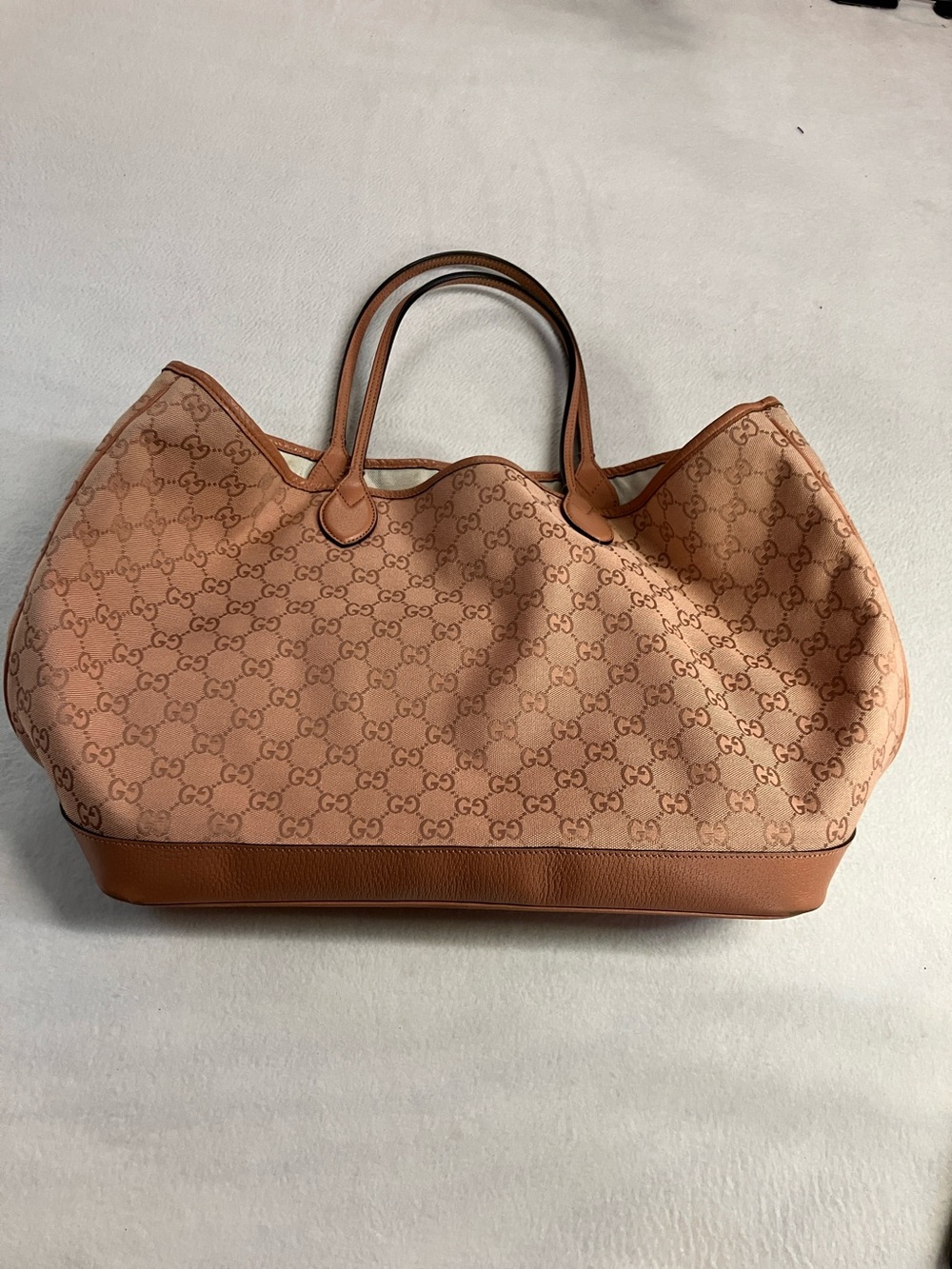 Gucci Pink and Tan GG Canvas Tote with Leather Trim